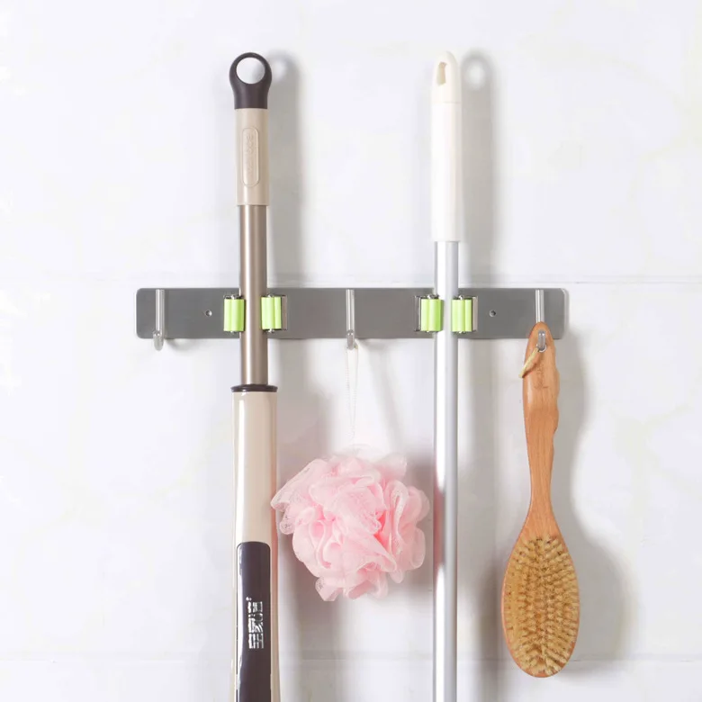 

New balcony wall-mounted multifunctional mop holder silicone buckle metal shelf broom hanger, Silver