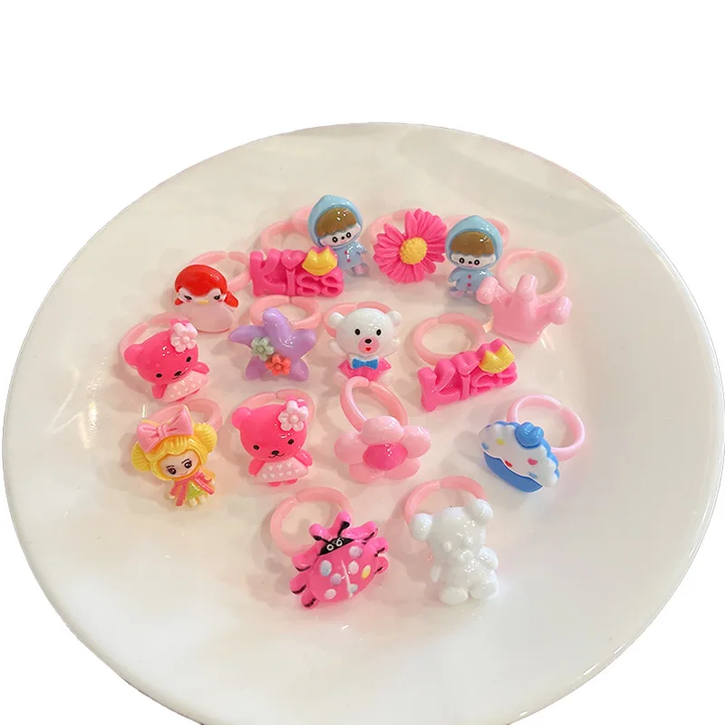 

MIO Children's Toy Ring Girl Cute Plastic Cartoon Small Ring Set 16pcs Per Set Random Style Fruits Animals