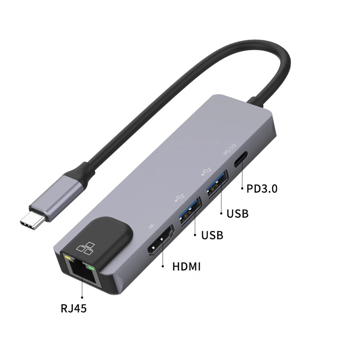 

5 in 1 Type C to HDTV 4K60HZ PD3.0 100M NIC U2*2