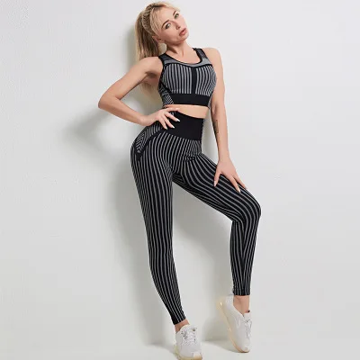 

2021 Compression Tights Woman Workout Clothing Sports Bra High Rise Leggings Women 2 pieces Stripes Yoga set, As picture