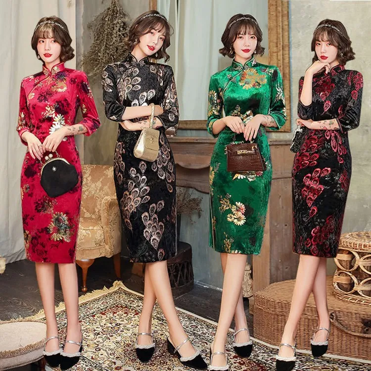 

Women qipao retro style clothing, plus size high split Chinese traditional costume qipao for women casual dress