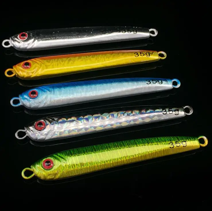 

WEIHE new design 35g 5 colors 5 pcs/bag 3d eyes spraying topwater fishing hard metal iron lures