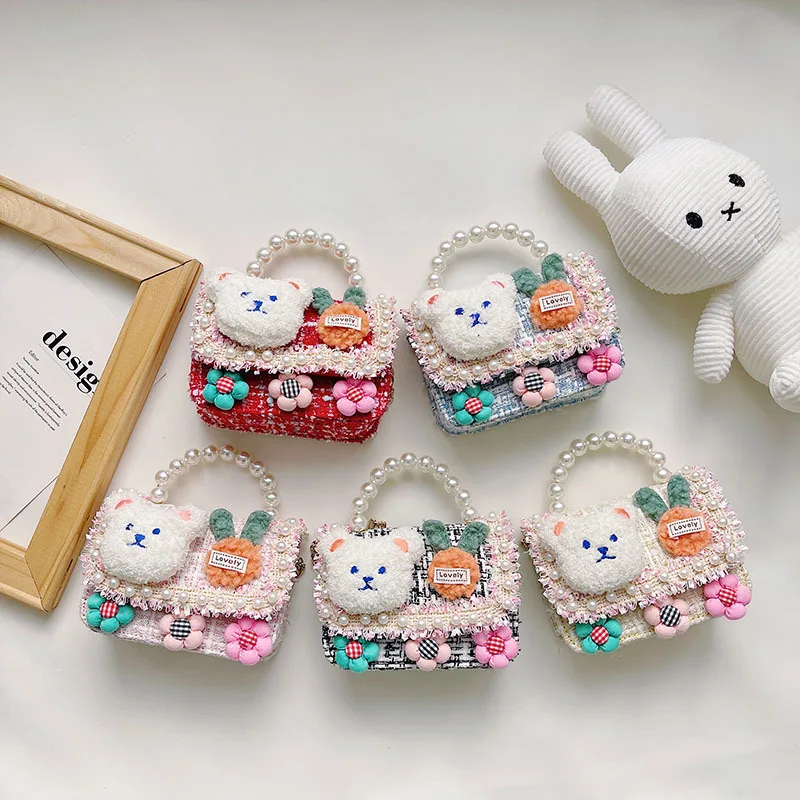 

MSYO Cute Pearl Cartoon Rabbit Flowers Carrot Handbag Messenger Bags Toy Phone Coin Storage Bag Color Fabric Kids Messenger Bags