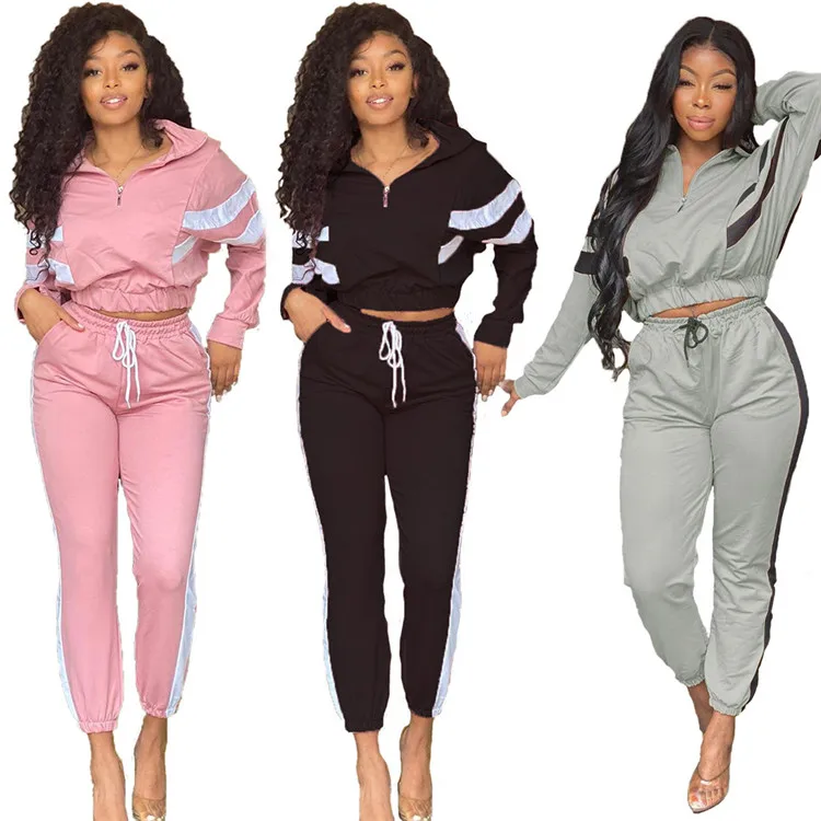 

L147-fall clothing long sleeve crop top with jogger pant sets women two piece track suit, Solid