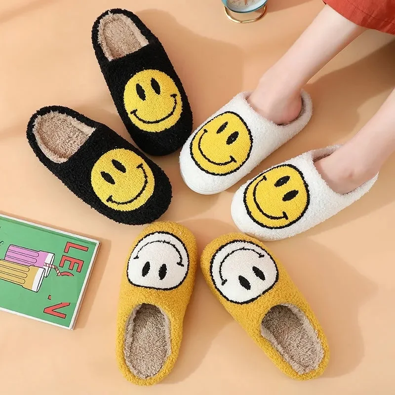 

Wholesale Smile Face Pattern Slippers Women Winter Indoor Flat Warm Happy Face House Slides Cute Smile Slippers, Black blue red yellow grey cheetah