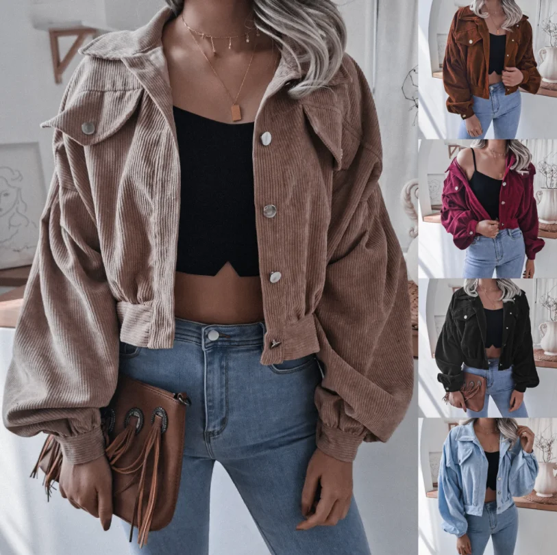 

Button Casual corduroy jacket Women Puff Sleeve ladies jackets European casual loose short Corduroy jackets for women 2021