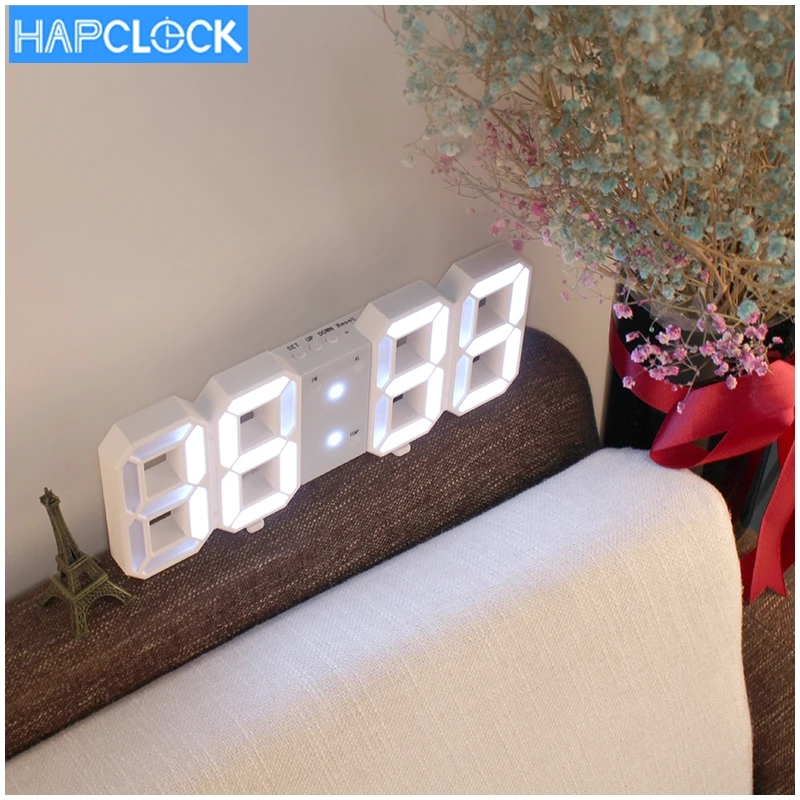 

Saat Digital Alarm Clocks Display 3 set alarm 3D LED Wall Clock Nightlight Snooze Home Kitchen Office DIY 3D wall clock, White