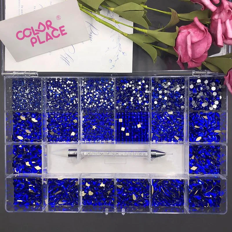 

High Quality Bling Bling Nail Art Decoration Mix Shape Red Bule Glass 3D Crystal Rhinestone Set With Box