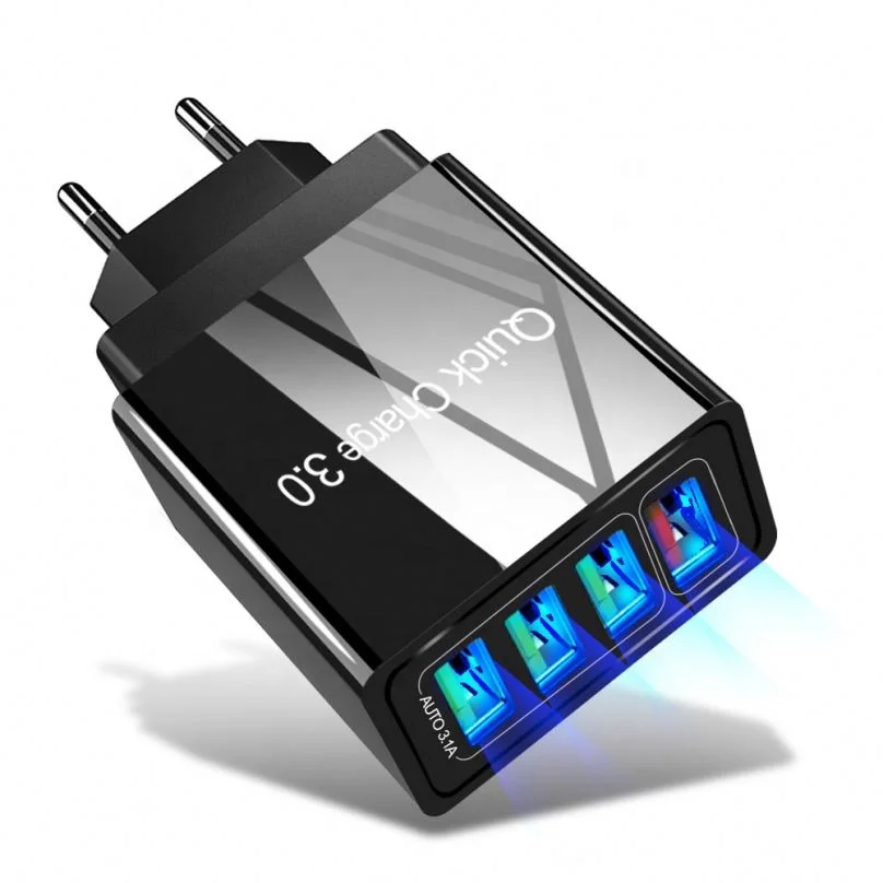 

EU/US/UK Plug 3.1A 4 Port USB Wall Charger QC 3.0 Travel Charger Adapter, Black white