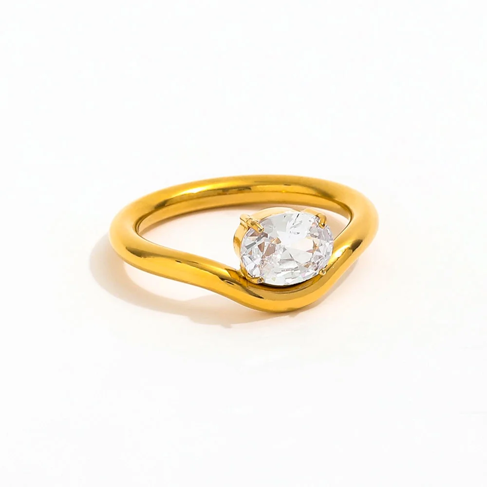 High End 18K Plain Gold Oval Goose Egg Shape Zirconia Chunky Rings Stainless Steel Trendy Simple Gold Plated Jewelry