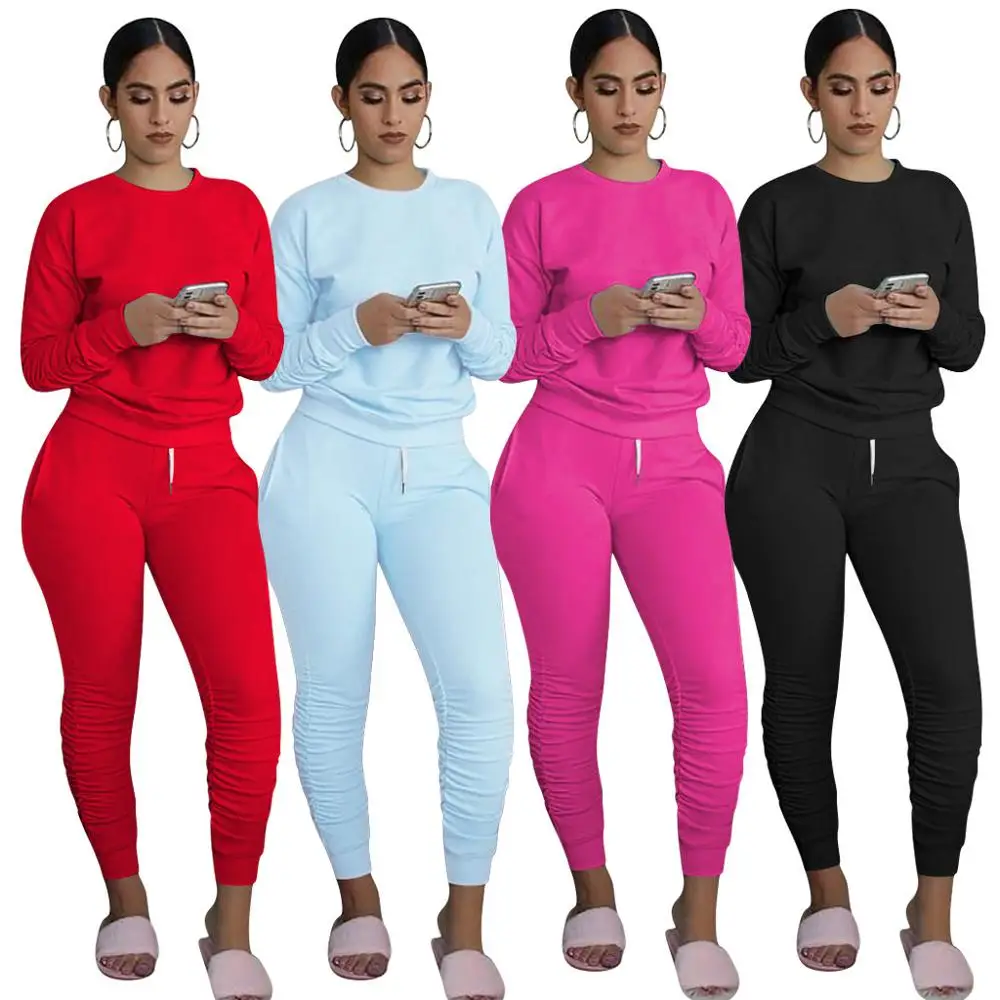 

2022 new arrival women fall Tracksuit Solid Long Sleeve Sweatshirt Long Pant Set With Pocket