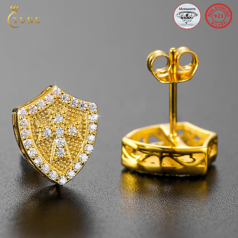 

2022 New Arrival Punk Style Men Jewelry 18K Gold Plated VVS Moissanite Diamond Shield Stud Earrings