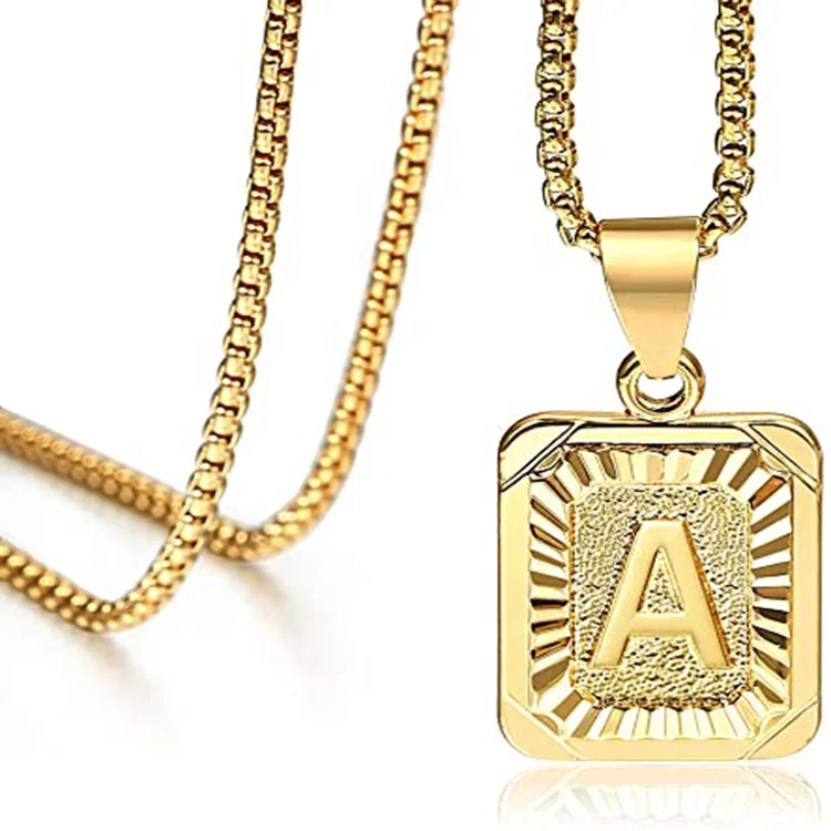 

Amazon New Initial Square 26 Capital Letter Pendant Stainless Steel Hip Hop Men Necklace For Women Jewelry