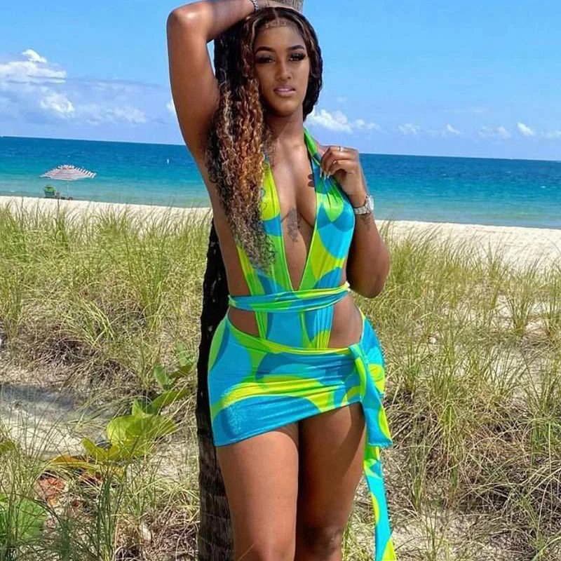 

Summer Bathing suits women sexy hollow out bodycon printed one piece female bra swimwear bikini swimsuit set mini bandage dress