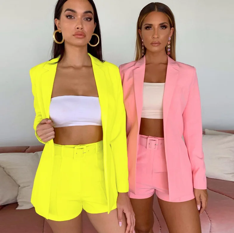 

Fall and Winter 2019 New Women's Wear Leisure Loose Suit High Waist Hip And Belt Short Pants Pure Color Suit, As picture