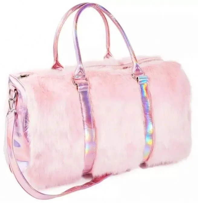 

Hot Female Luxury Fantasy Fur Decorated Handbags Holiday Travel Outdoor Large Capacity Laser Weekender Bag, Multi colour