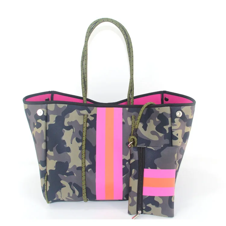 

Wholesale Hot Selling Stripe Design Neoprene luxury Fashion Customized Beach Handbag Waterproof Neoprene Beach Tote Bag