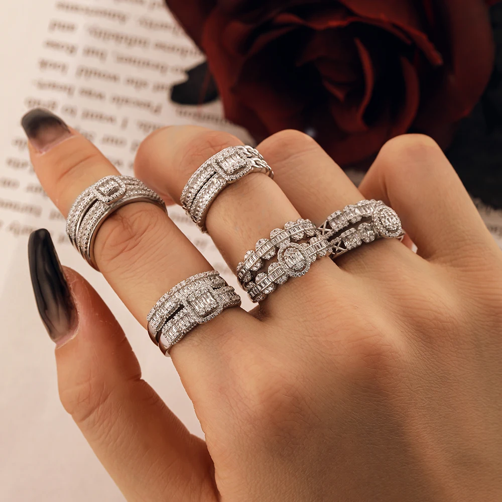 

Dylam Newest 2022 Luxury Women Jewelry Accessories Pave Baguette 5A Cubic Zirconia Zircon Stackable Stacking Wedding Rings