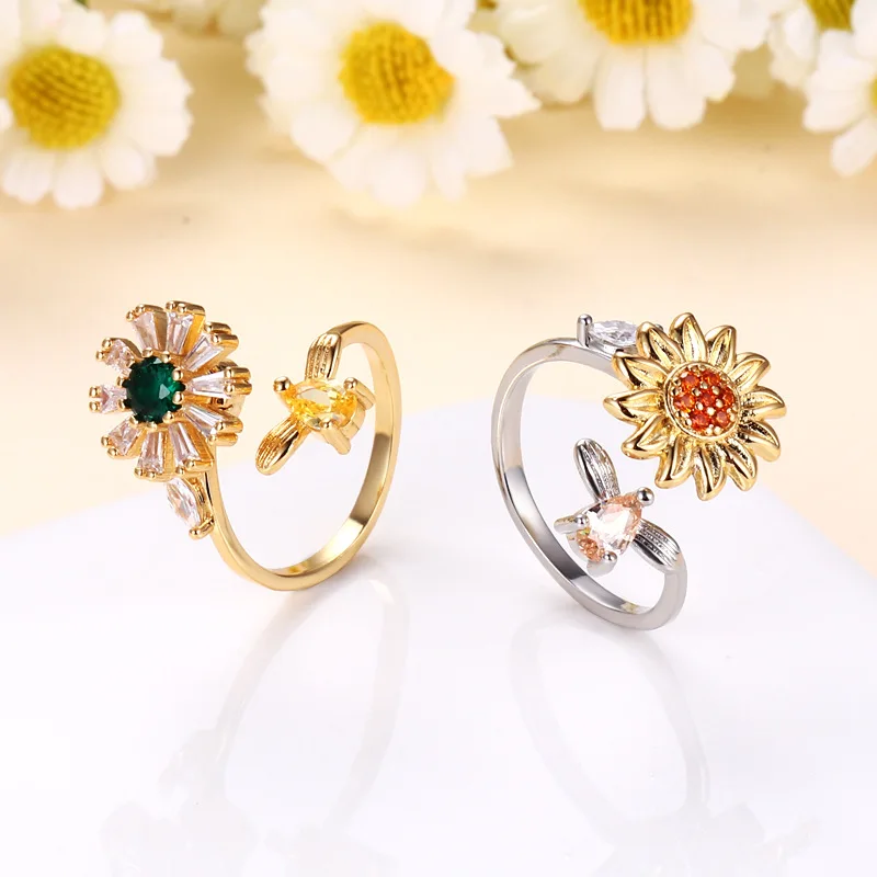 

PAVA sunflower fidget rings for anxiety Adjustable Open Cubic Zirconia anti anxiety ring spinner for anxiety rotating ring