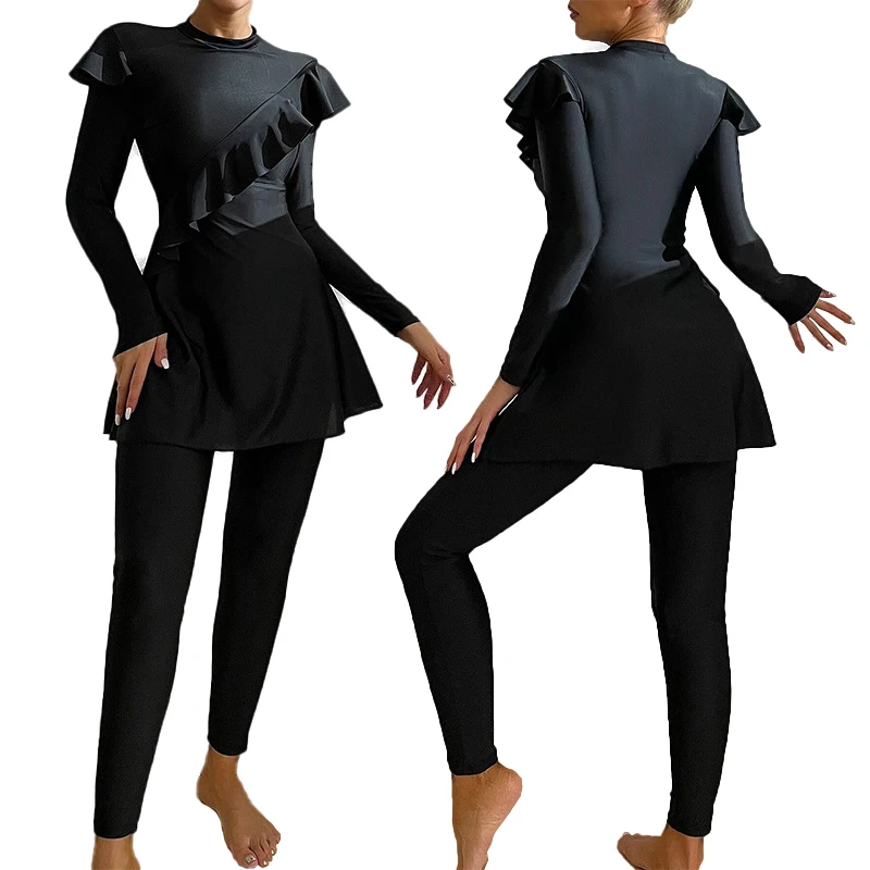 

2022 High quality muslim swimwear ruffle long sleeve beachwear womens swimsuits bikini for lady plus size swimwear, Black