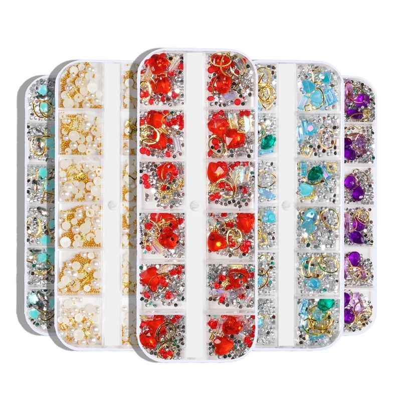 

6 Boxes 3D Mix-shape Nail Art Diamonds Rhinestones Nail pearl Crystals Beads Big Gem Nail Jewels Studs Metal Rivets for Design, As shown