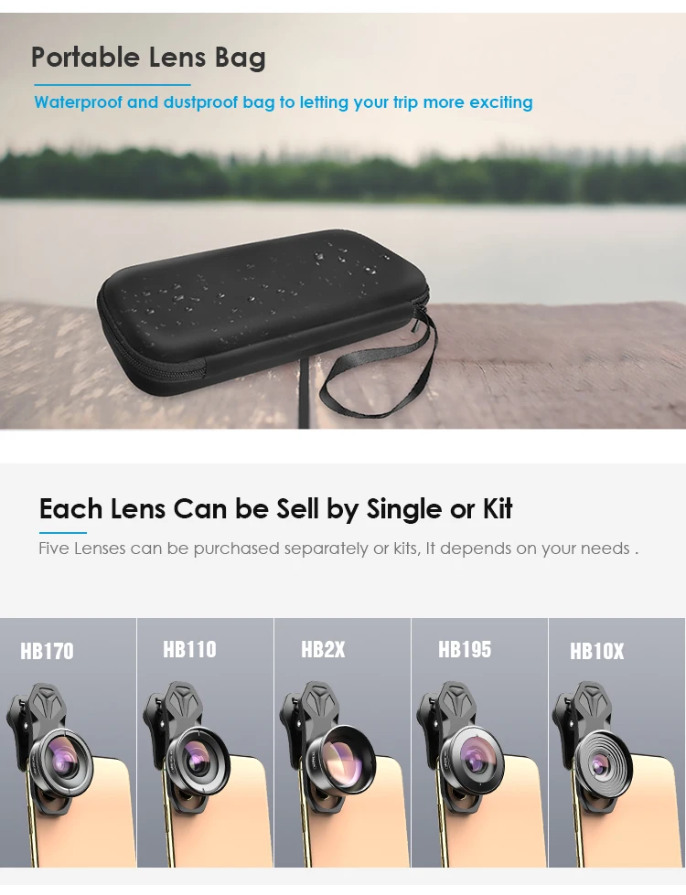 APEXEL HD 5 in 1 Camera Phone Lens Kit 4K Wide Angle Macro Telescope Mobile Fisheye Lens for iPhone Samsung Smartphone