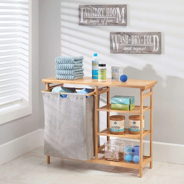 Bamboo Laundry Hamper With Storage Shelf Tilt Out Laundry Basket