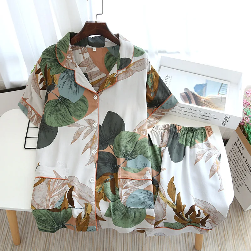 

Factory supply short sleeve floral print loose casual sleepwear pyjamas 2 piece cotton women pajama set for summer, As picture