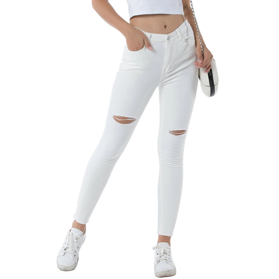 

2020 White Distressed Jeans Women High Stretch White Skinny Pencil Ripped Denim Jean Pants