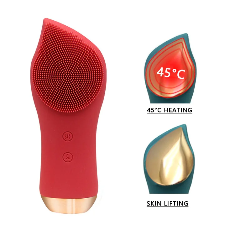 

wholesale heating sonic vibration heated facial cleansing brush high heat quality silicone electric face brush, 4 colors