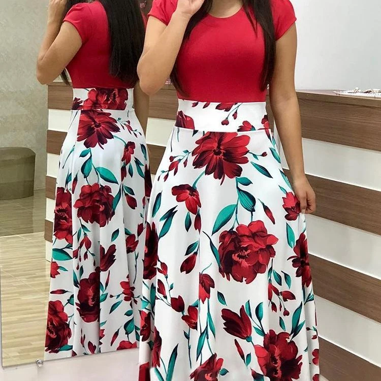 
Style flower woman sexy islamic print color block short sleeve dress 