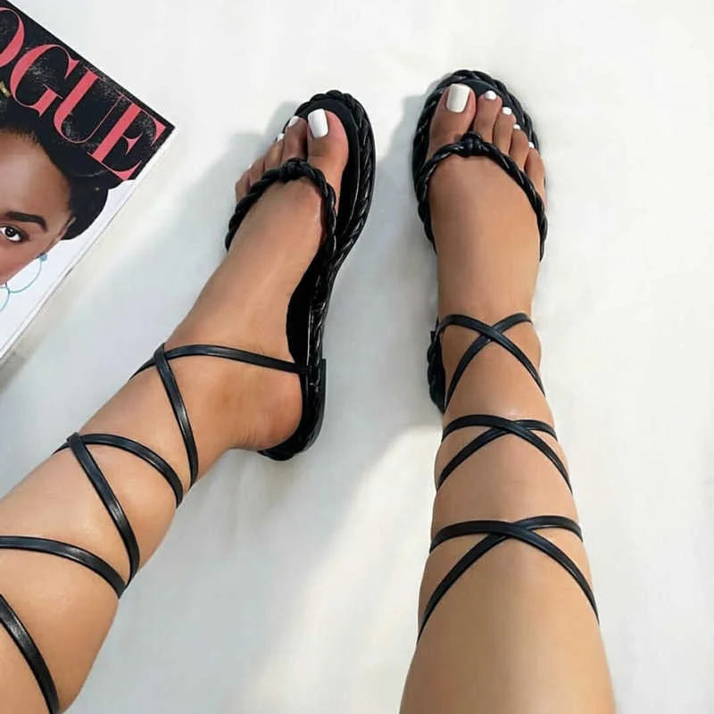 

Sexy Sandals Lady Flat Heels Women Cross Strap PU Leather Party Women Open Toe Lace up Flip Flops Sandals Women, Black white pink silver khaki