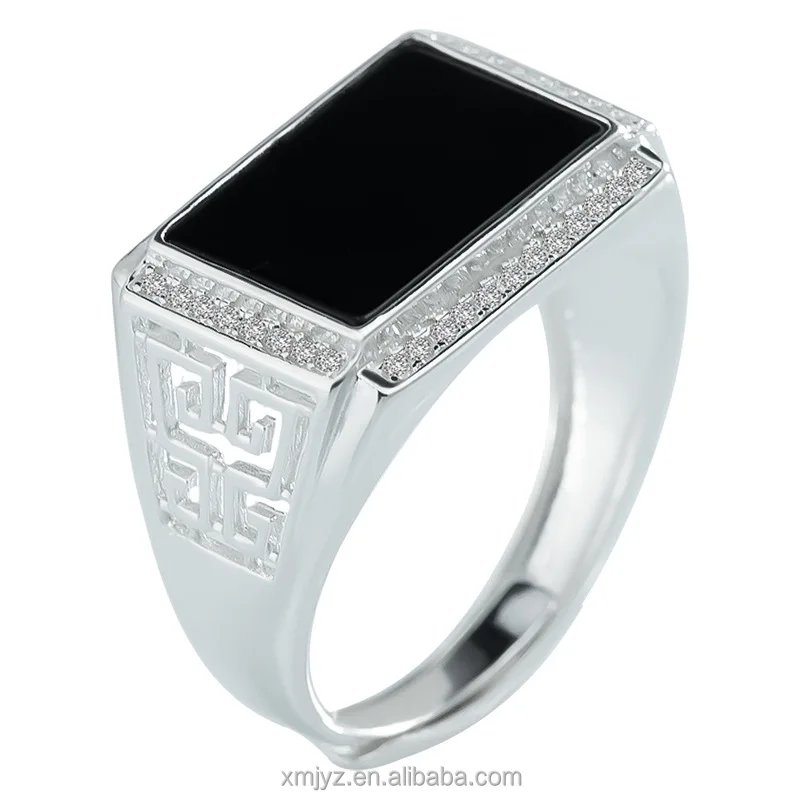 

Certified Grade A S925 Silver Inlaid Natural Black Jade Saddle Ring Men's Ring Jade Fashion Ring Adjustable