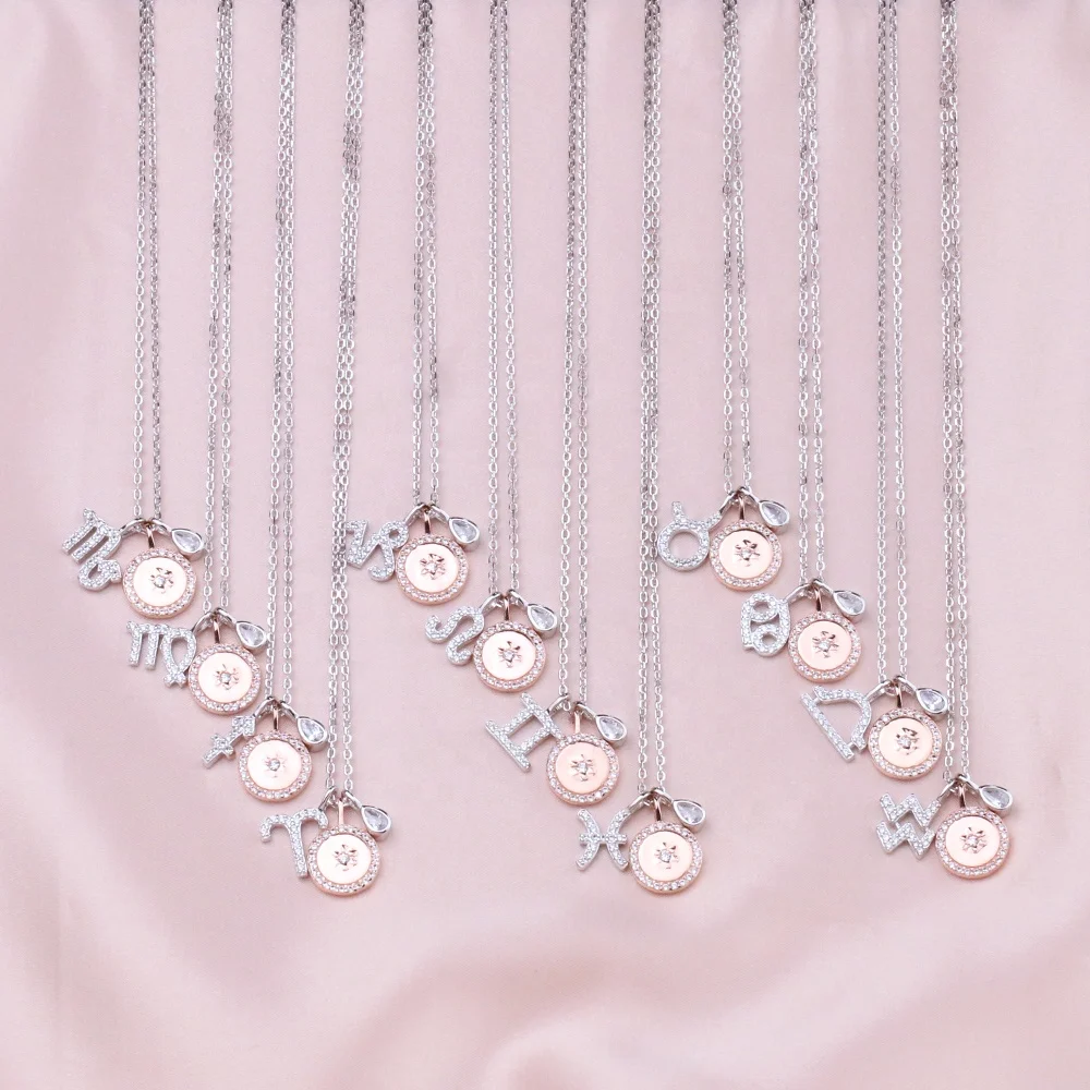

Female Elegant 12 Zodiac Sign Necklace Pendants Charm Rose Gold Chain Choker Astrology Necklaces, Silver/rose gold