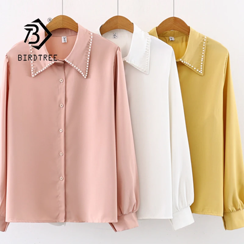 

Beading Turn-down Collar Blouses 2020 Fall Women Long Sleeve Single-breasted Shirts Loose All-Match Tops T09607R, 3 colour