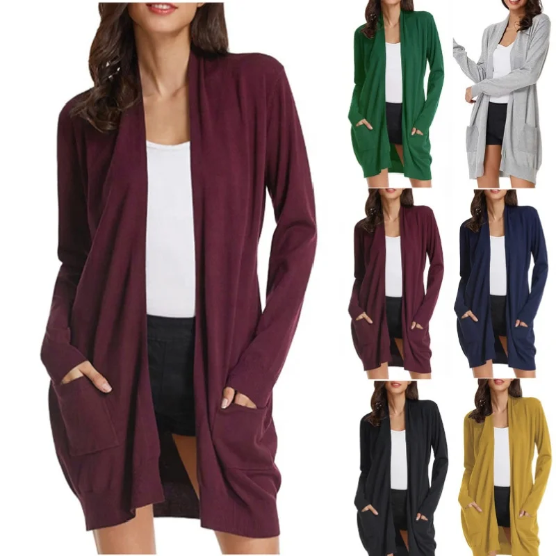 

New Arrival Women Cardigan Sweater Coat Solid Color Long Sleeve Casual Double Pockets Knit Cardigan Sweater Women