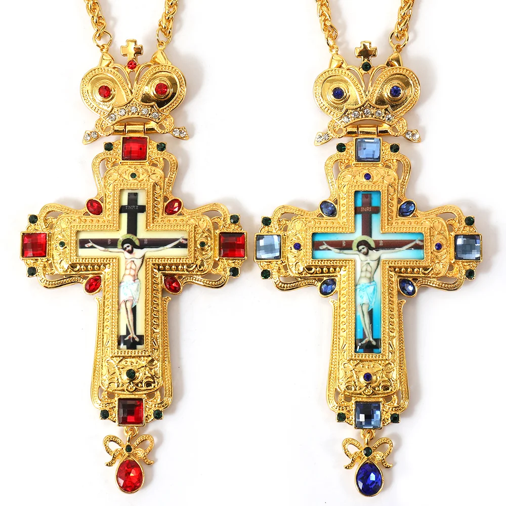 

ZD036 Gold Plated Greek Style Orthodox Church Pectoral Cross Necklace for Bishop Priest with Jesus Crucifix Image