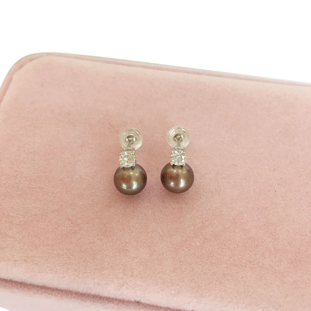 Nature Freshwater Round Pearl EarringNewest Design 925 Sterling Silver Pearl Zircon Stud Earrings for Wedding 7-8 mm Pearl