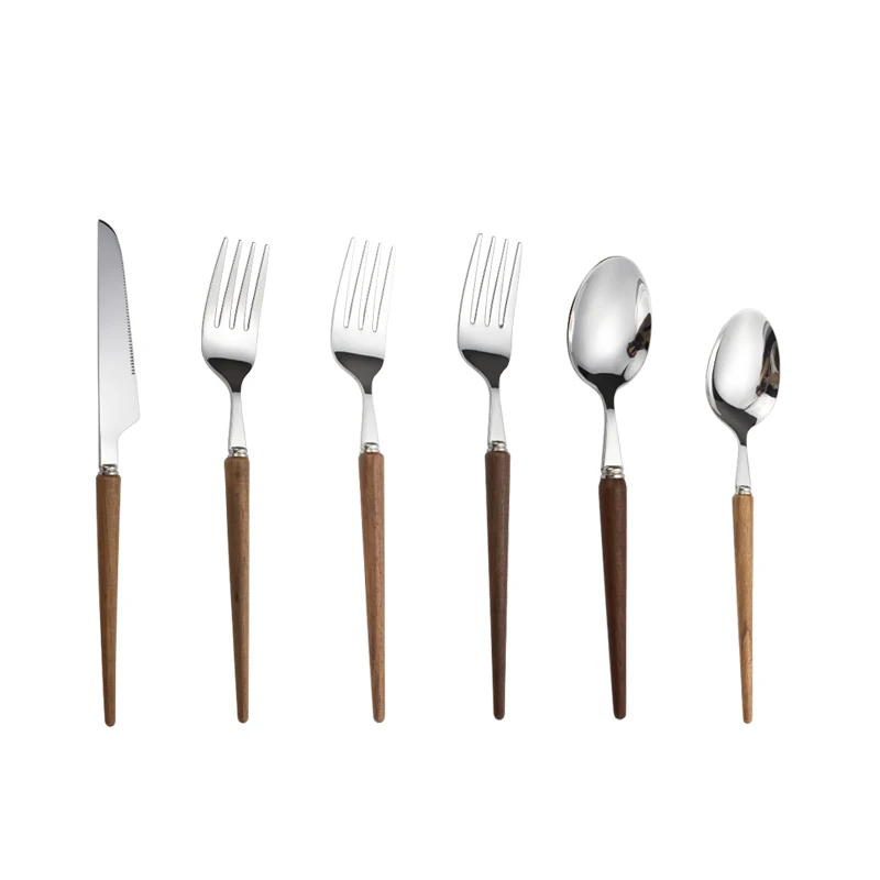 

Wholesale hot selling hotel household cutlery wooden handle stainless steel 304 knife and fork spoon cutlery set