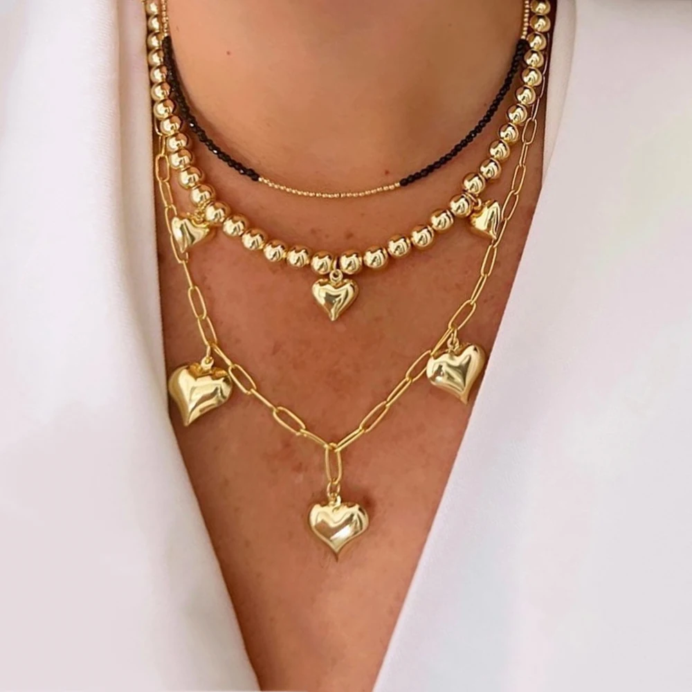 Women Girls Fashion glamour Gold Heart Pendant necklace copper alloy beads Punk Chain Neck accessories