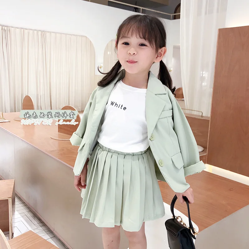 

RT2011 spring new arrival infant baby girls blazer suit jacket with smocked skirt 2 pcs clothing set green gray toddler outfit