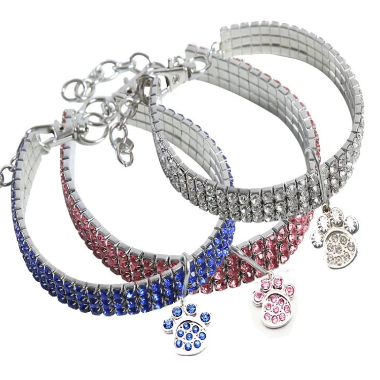 

Hot Sell Stretch Exquisite Bling Crystal Teddy Dog Collar Diamond Puppy Pet Shiny Full Rhinestone Necklace Collar For Puppies, Metal/ pink / blue