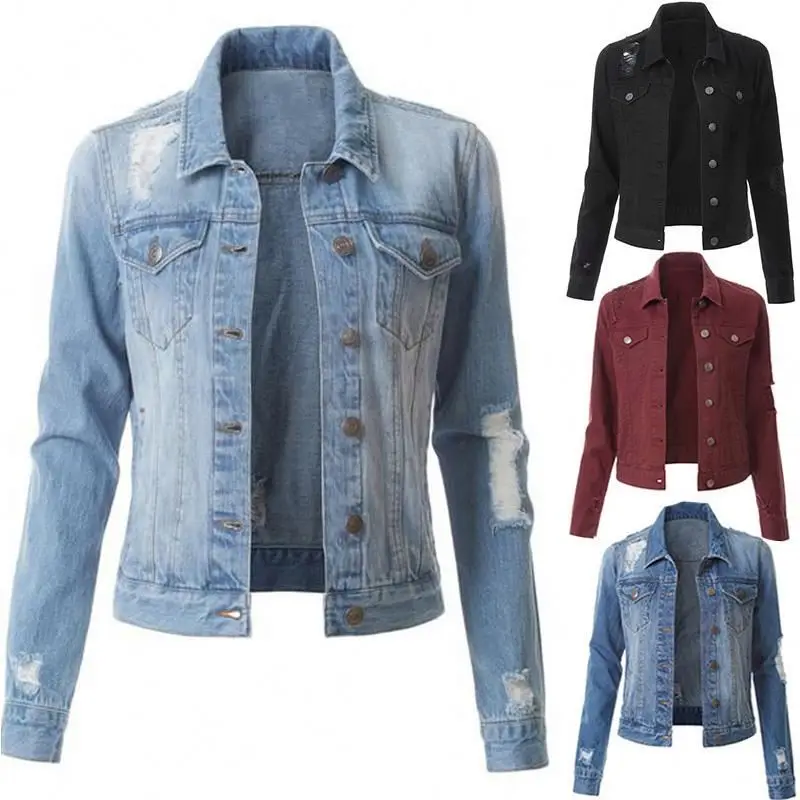 

2022 New Design Women Denim Jacket Coat Casual Ripped Holes Jean Jackets Solid 4 Colors Fashion Washed Denim Jackets