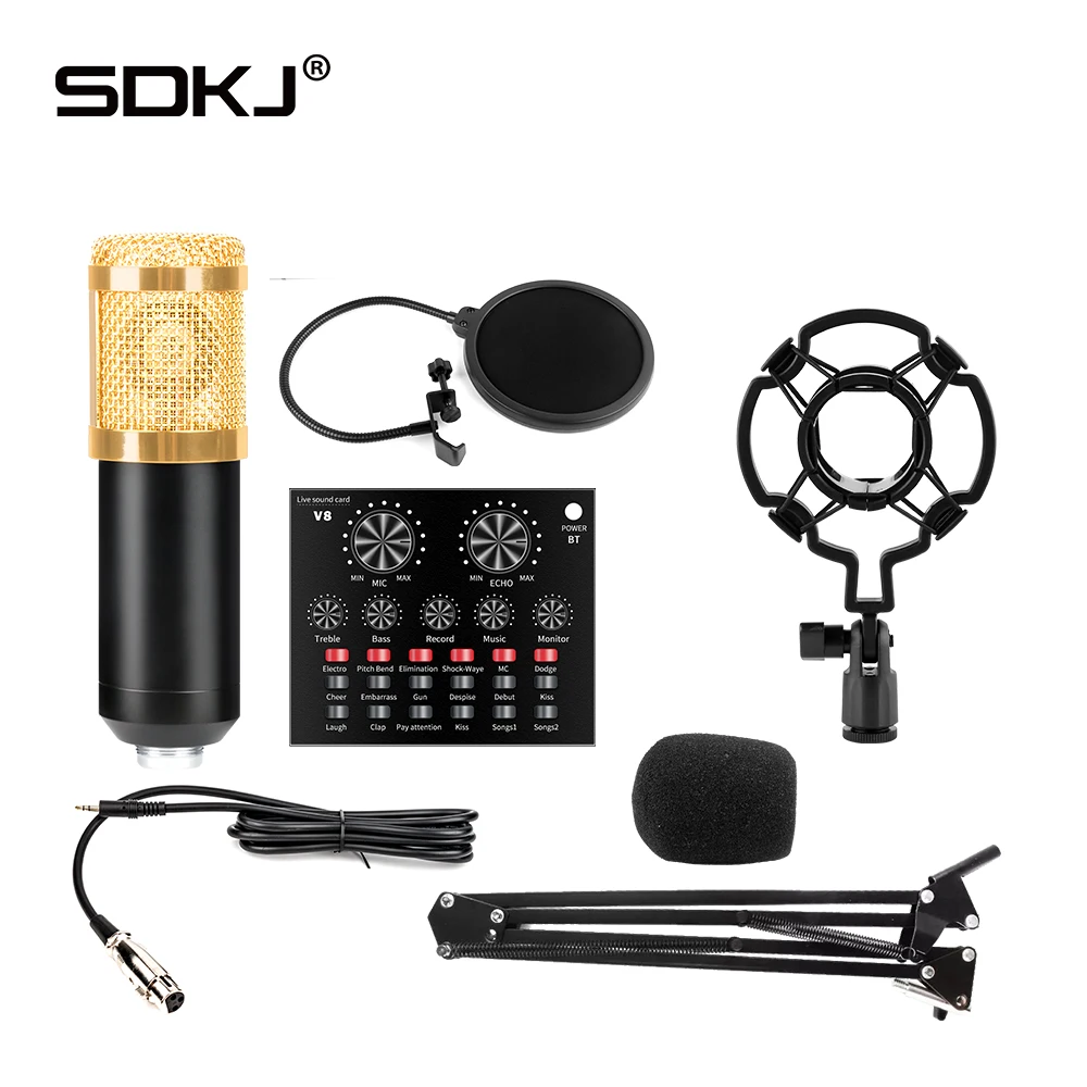 Sdondz Golld BM800 Professional Condenser Microphone V8 Sound Card set for webcast live recording, Gold