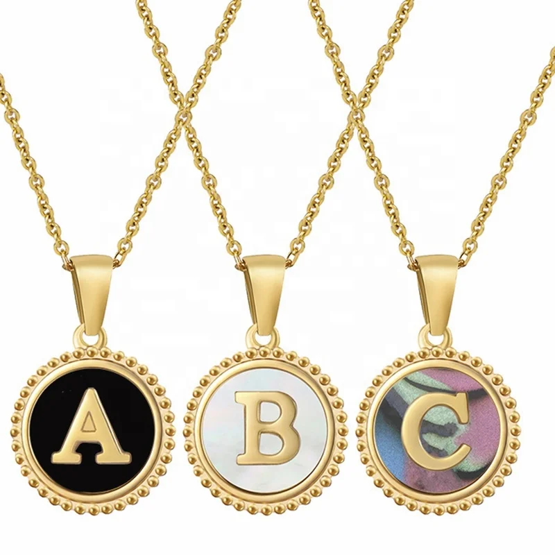 

MECYLIFE Round Natural Shell Coin Necklace Women 18K Gold Plated Stainless Steel Fashion Letters Initial Necklace