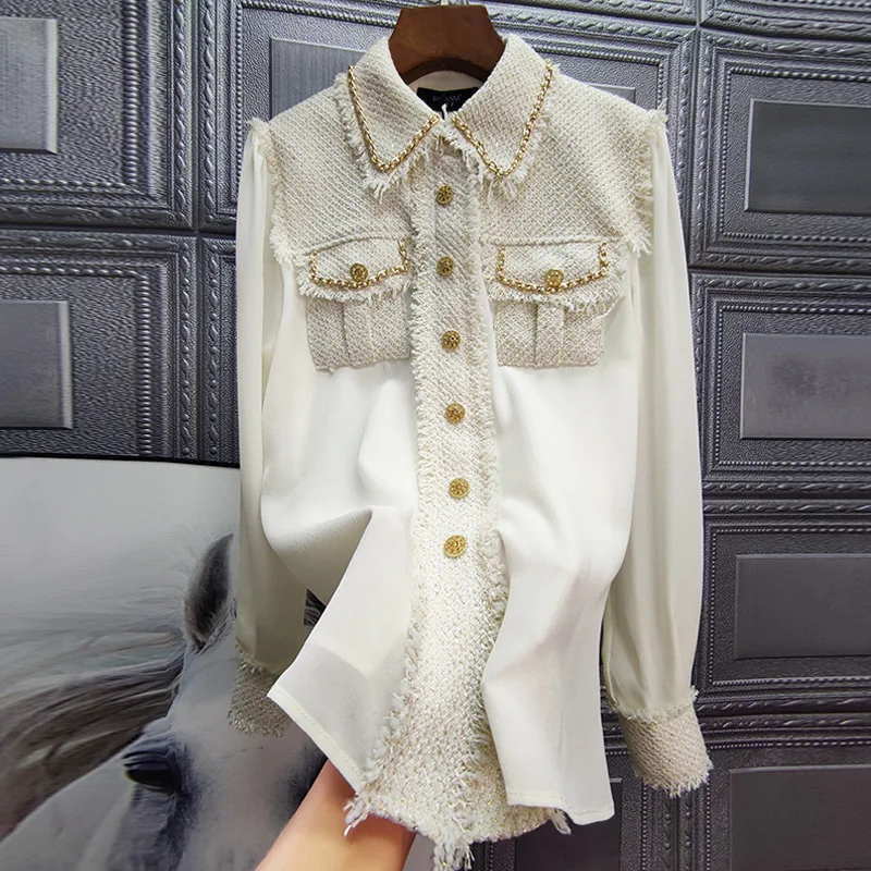 

Spring Autumn Shirt Chain Weave Tweed Jacket Patchwork Casual Tops Women