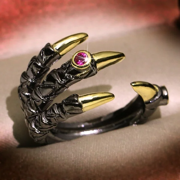 

European and American Mens Biker Punk Dragon Claw Ring Jewelry Black Plated Male Eagle Claw Inlay Pink Topaz Ring