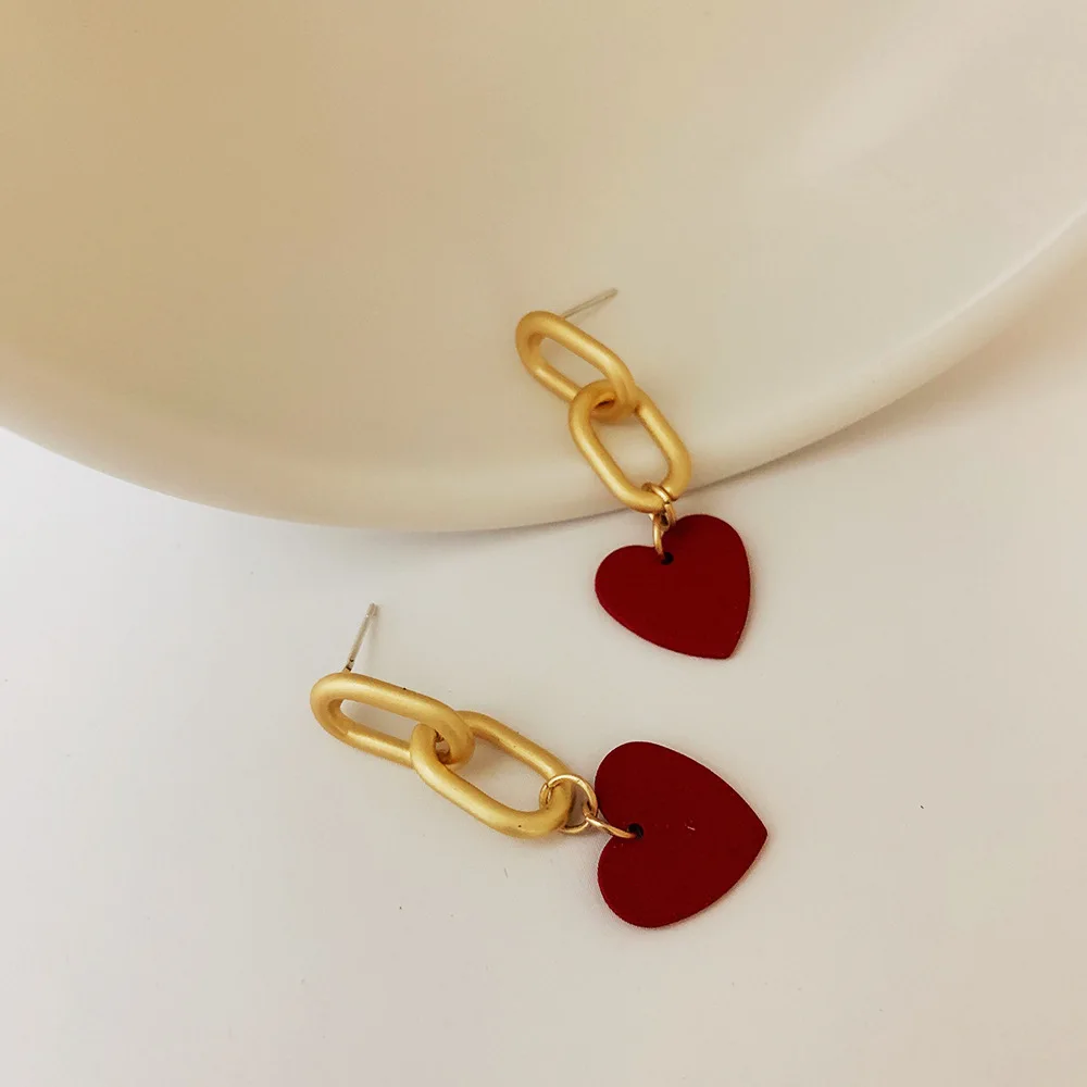 

JUHU New simple and versatile matte frosted chain earrings niche design red love earrings alloy S925 silver needle jewelry, Gold/red