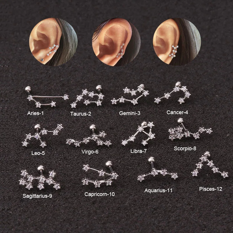 

12piece/set zodiac cartilage earrings copper zircon studs cartilage earlobes wear accessories