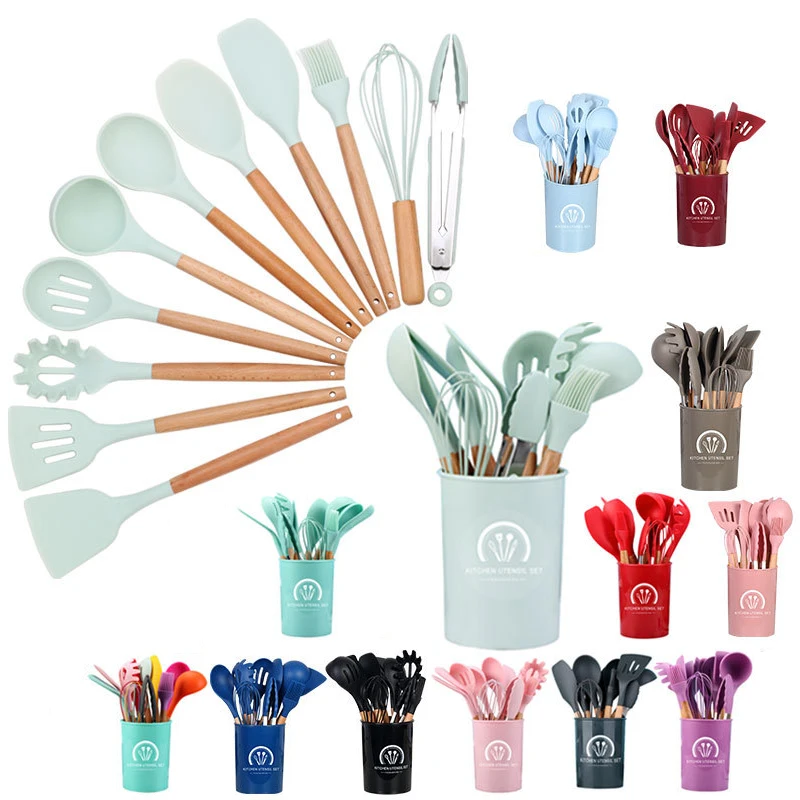 

12PCS-SET Kitchen Gadgets Tools With Wooden Handles Stand Kitchenware Spatula Silicone Cooking Utensils Set